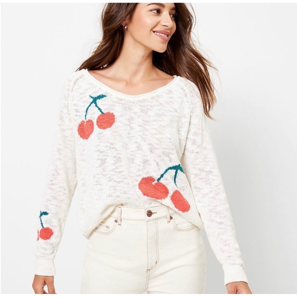 Lou & Grey Cherry Print Sweater Womens Large Ivory Red Green Cotton White Knit